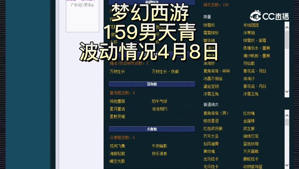 梦幻西游159男天青波动情况4月8日CC