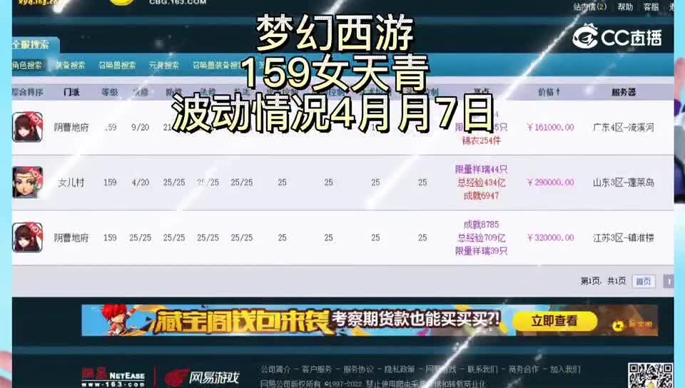 梦幻西游159女天青波动情况4月7日CC